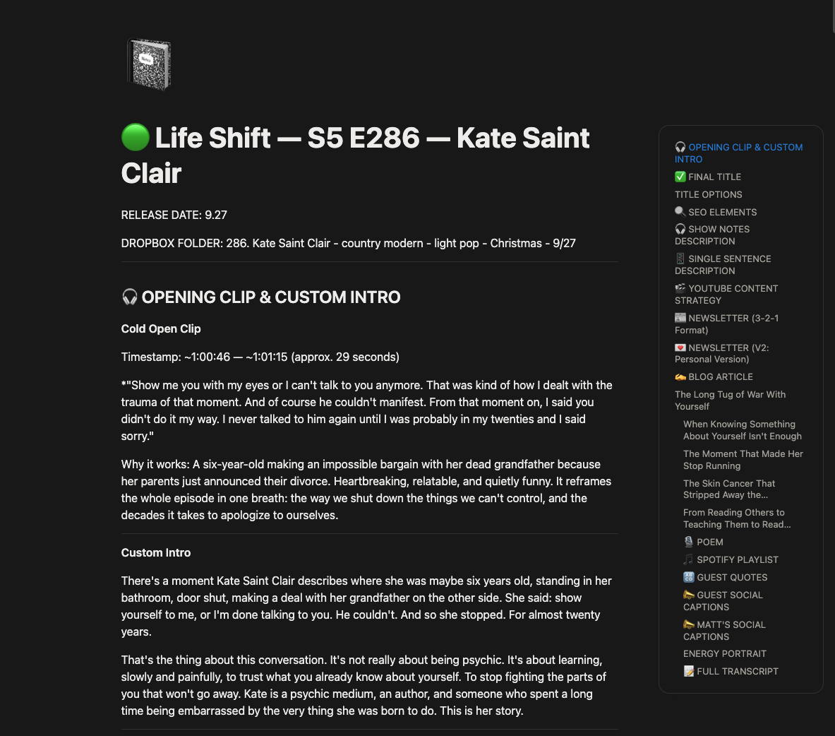 Life Shift S5 E286 Kate Saint Clair episode production page showing content engine output