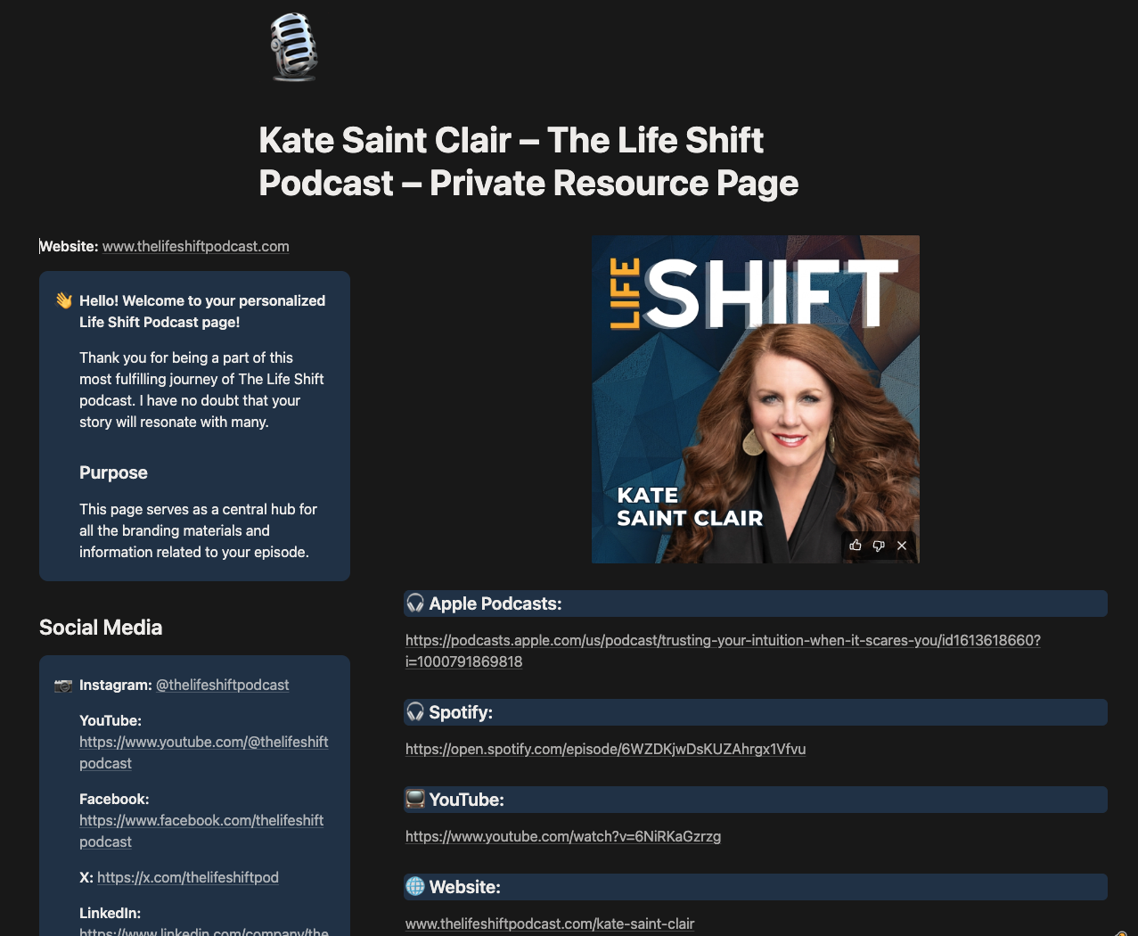 Kate Saint Clair private guest resource page on The Life Shift Podcast