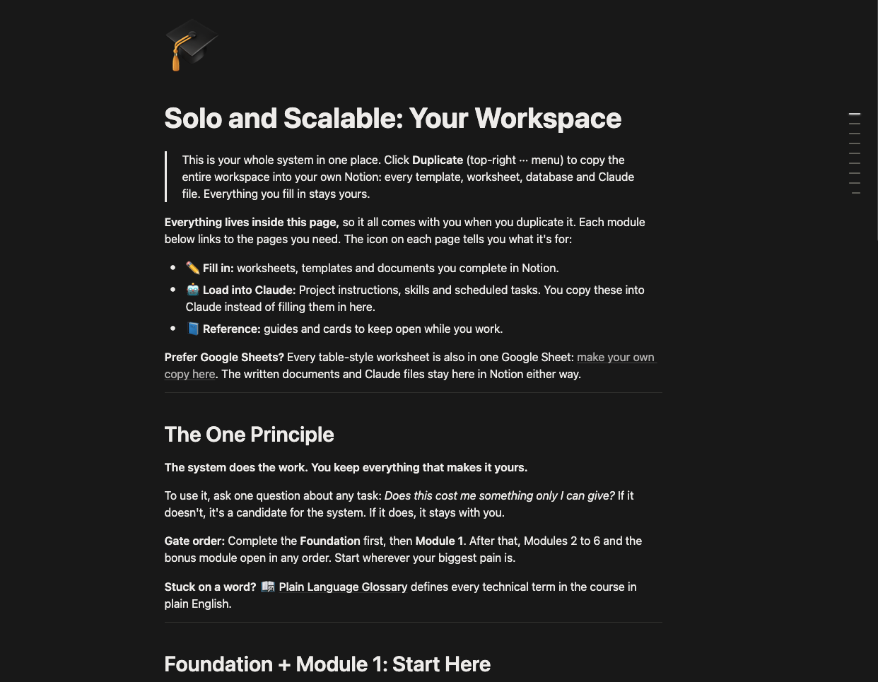 The Solo and Scalable Notion workspace home page showing all modules and pages